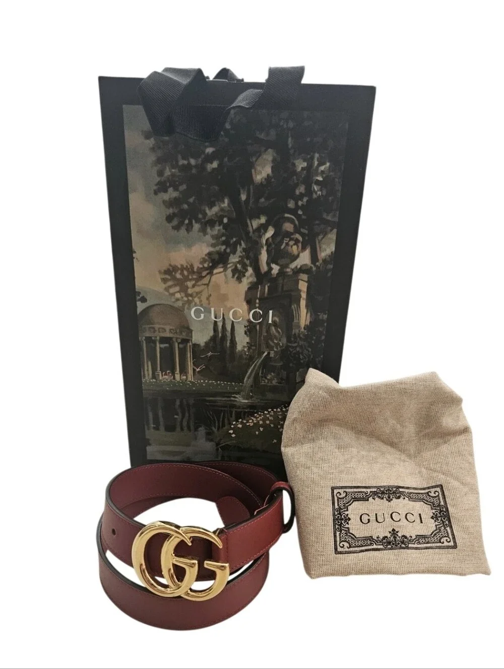 Gucci Rosso Ancora Dark Red Thin GG Marmont Leather Belt Shiny Gold Buckle
